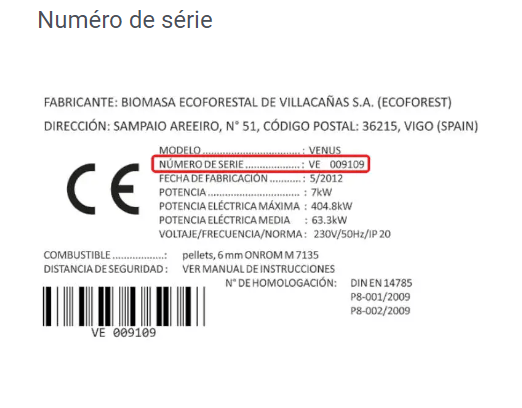 Numéro de série situé sur la plaque signalétique du poêle Ecoforest