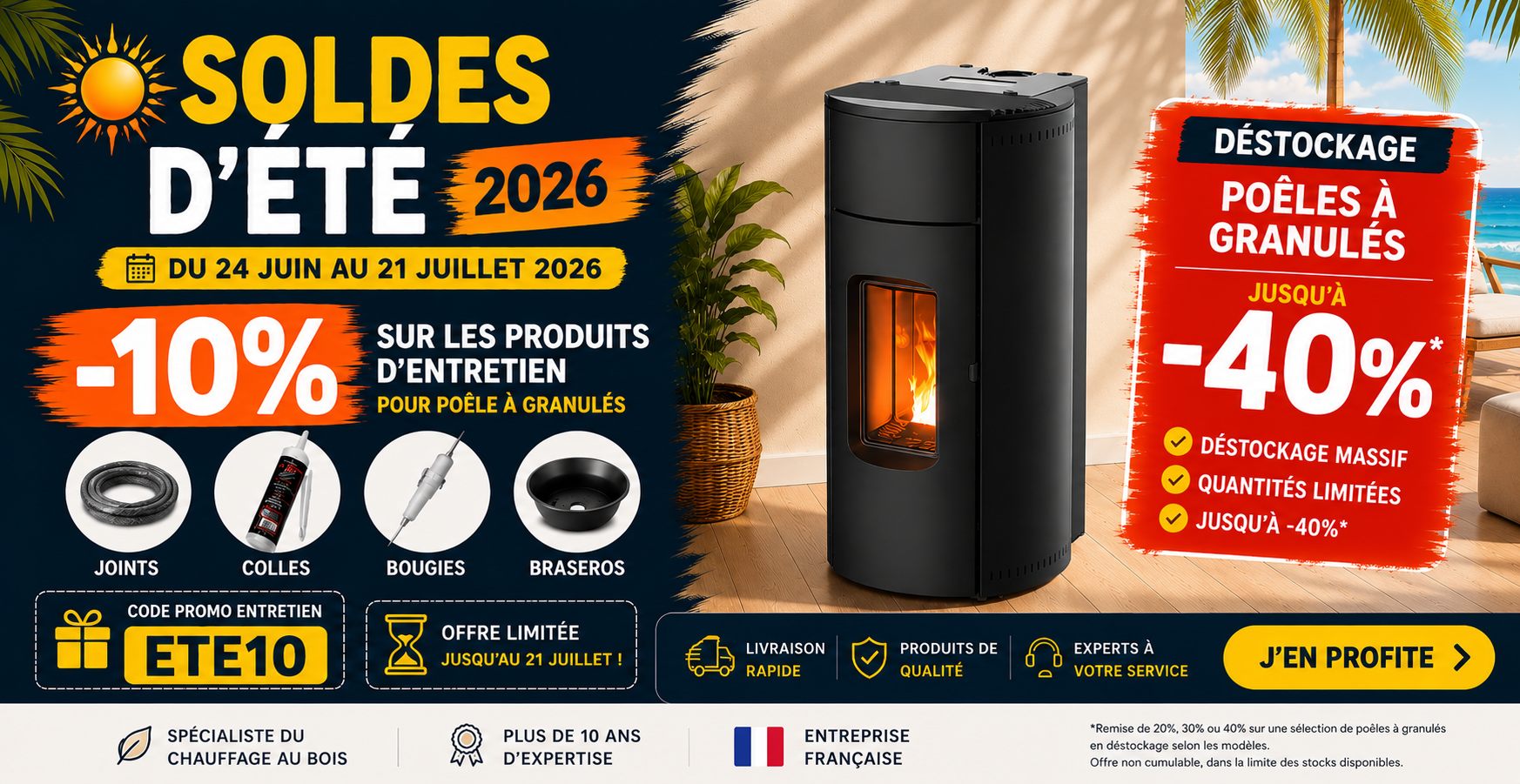 Soldes Été 2026 - -10% entretien piscine à granulés, -40€ sur les poêles avec code POELE40