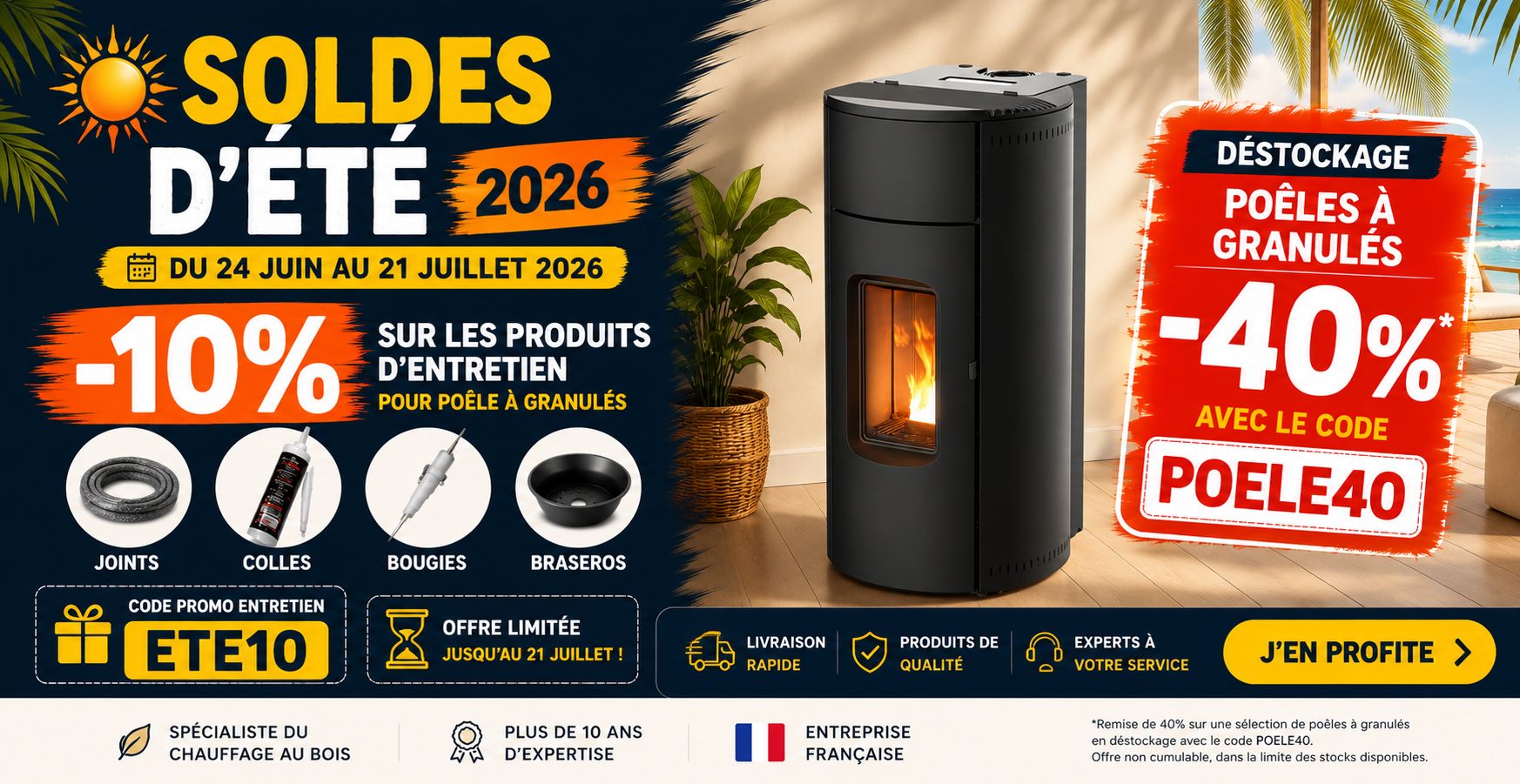 Soldes Été 2026 - -10% entretien piscine à granulés, -40€ sur les poêles avec code POELE40